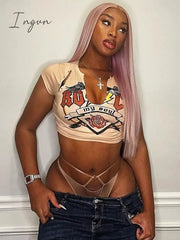 Ingvn - Y2K V Neck Graphic T Shirts Women Summer Print Short Sleeve Tee Top Hottie Fashion