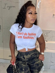 Ingvn - Y2K White Crop T Shirt Women Letter Print O-Neck Short Sleeve Casual Tops Fashion Cute