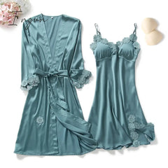 Ingvn - Yellow Robes Suit Autumn Women Nightgown Sets 2 Pieces Nightdress Bathrobe With Chest Pad