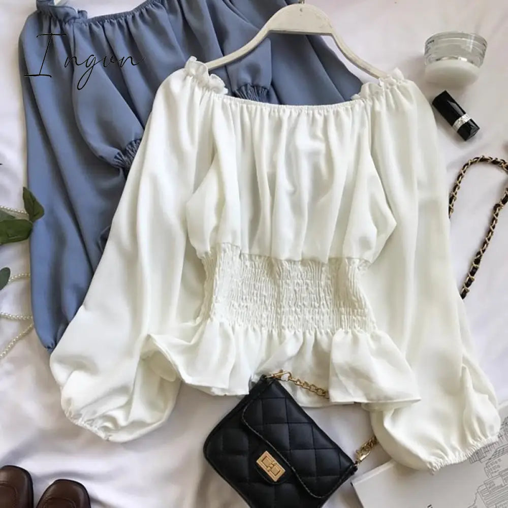 Ingvn - Youth Elegant Blouse Women Chiffon Fashion Off Shoulder White Shirt Ruffle Puff Sleeve Top
