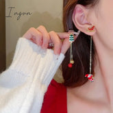 Moving Santa Claus Tassel Dangle Earrings For Women Christmas Tree Snowflake Asymmetric Long Chain