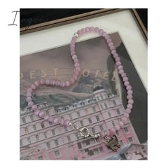 New Pink Crystal Opal Beaded Cat Pendant Necklace For Women Sweet Cool Cute Aesthetics Clavicle