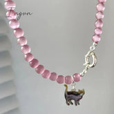 New Pink Crystal Opal Beaded Cat Pendant Necklace for Women Sweet Cool Cute Aesthetics Clavicle Chain Trendy Jewelry Gift