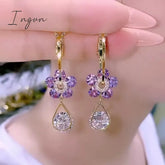 New Purple Crystal Flower Dangle Earrings For Women Girls Shining Zircon Love Heart Waterdrop