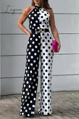 Sexy Print Polka Dot Pocket Contrast Halter Loose Jumpsuits(No Belt) Black And White / S Jumpsuits