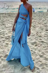 Sexy Solid Hollowed Out Slit Oblique Collar Irregular Dresses Blue / S Dresses/Casual