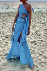 Sexy Solid Hollowed Out Slit Oblique Collar Irregular Dresses Blue / S Dresses/Casual
