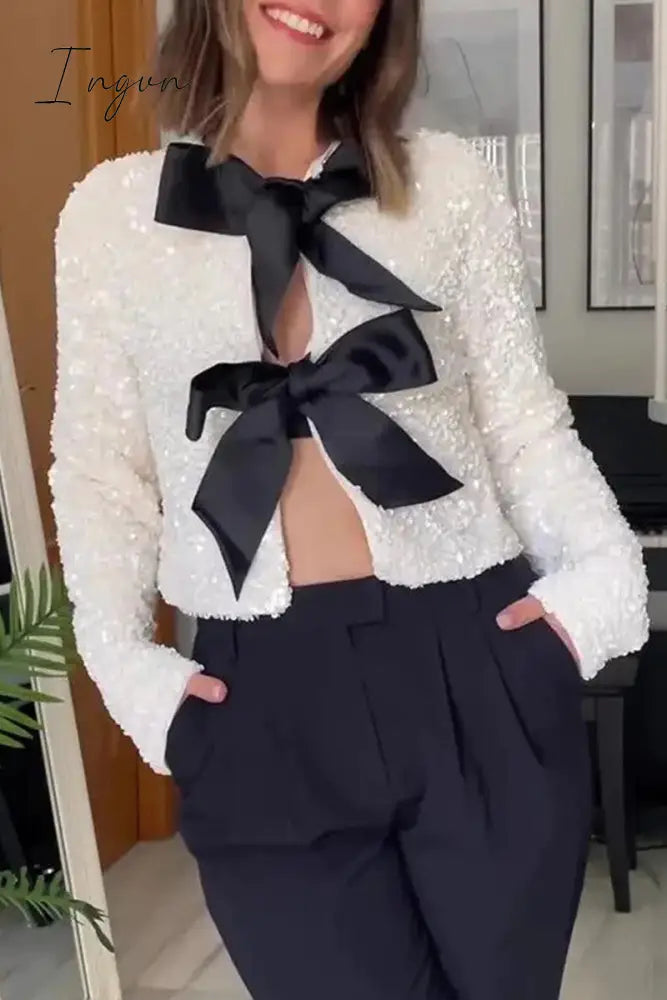 Sexy Solid Sequins With Bow O Neck Outerwear Outerwear/Blazer & Suits &Jacket