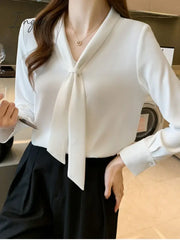 Spring Fashion New Elegant Bow Women Shirt Vintage White Lady Long Sleeves Blouses Female Casual