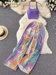 Summer Women Sexy Fashion Casual Pantsuit Halter Tanks Top Wide-Leg Loose Print Pants 2 Pieces Set