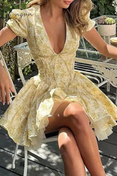 Sweet Elegant Print Flowers Frenulum V Neck A Line Dresses Light Yellow / S Dresses/Floral