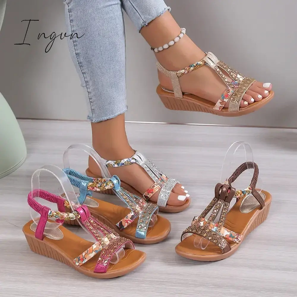 Women Wedge Sandals Summer Bohemia Rhinestones Casual Platform Female Peep Toe Outdoor Beach Shoes