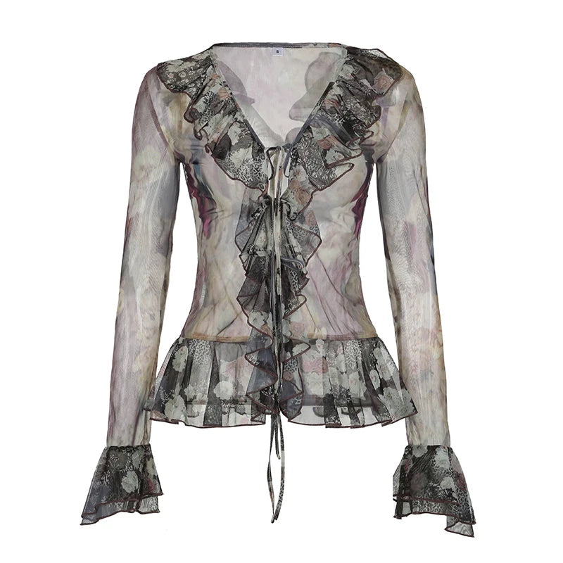 Vintage Transparent Crop Top with Slit 90s Mesh Print Ruffles Patchwork Full Sleeve Bandage Women T-shirt Grunge y2k Tees