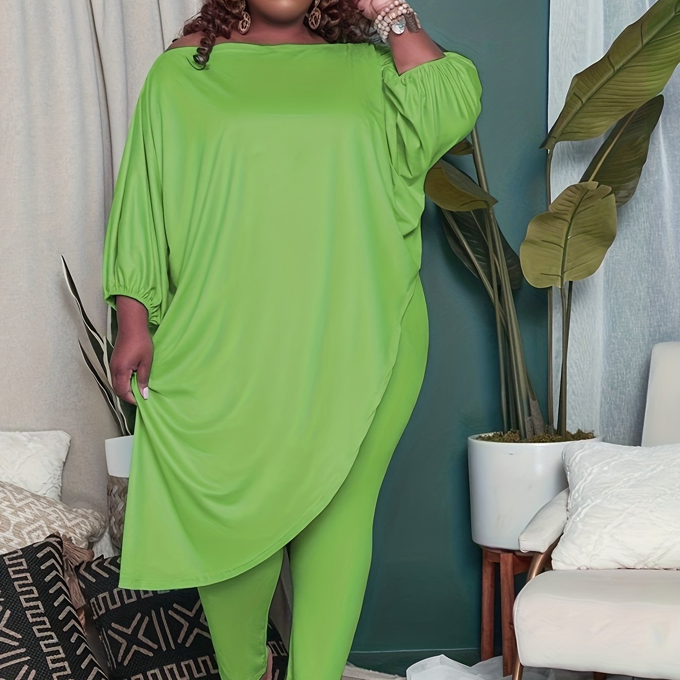 Plus Size Casual Outfits Set, Women's Plus Plain Lantern Sleeve Round Neck Asymmetrical Hem Top & Pants Outfits Two Piece Set