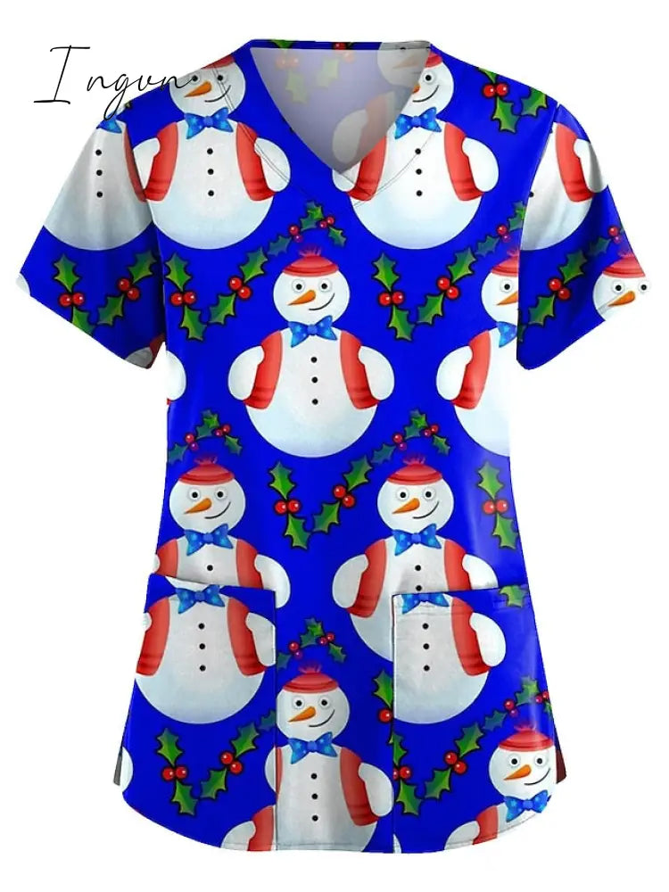 Ingvn - Christmas Scrub Tops Women Christmas Printing Short Sleeve V-Neck Working Uniform with Pocket Pullover Red 3X-Large