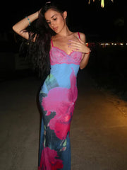 Spaghetti Strap Print Sexy Maxi Dress For Women Fashion Sleeveless Backless Bodycon Club Printed Long Dress Elegant