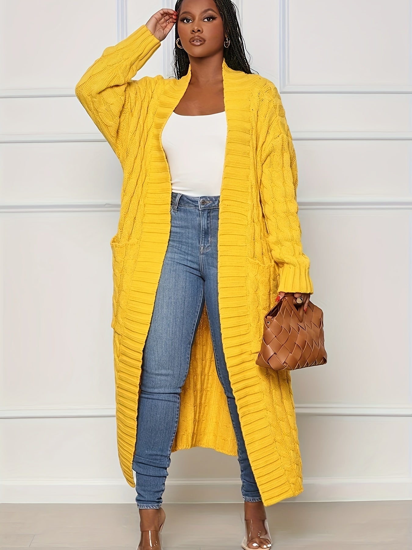Elegant Long Sleeve Halter Neck Cardigan – Winter-Warm Knit Sweater with Pockets for Women, Durable & Easy Care