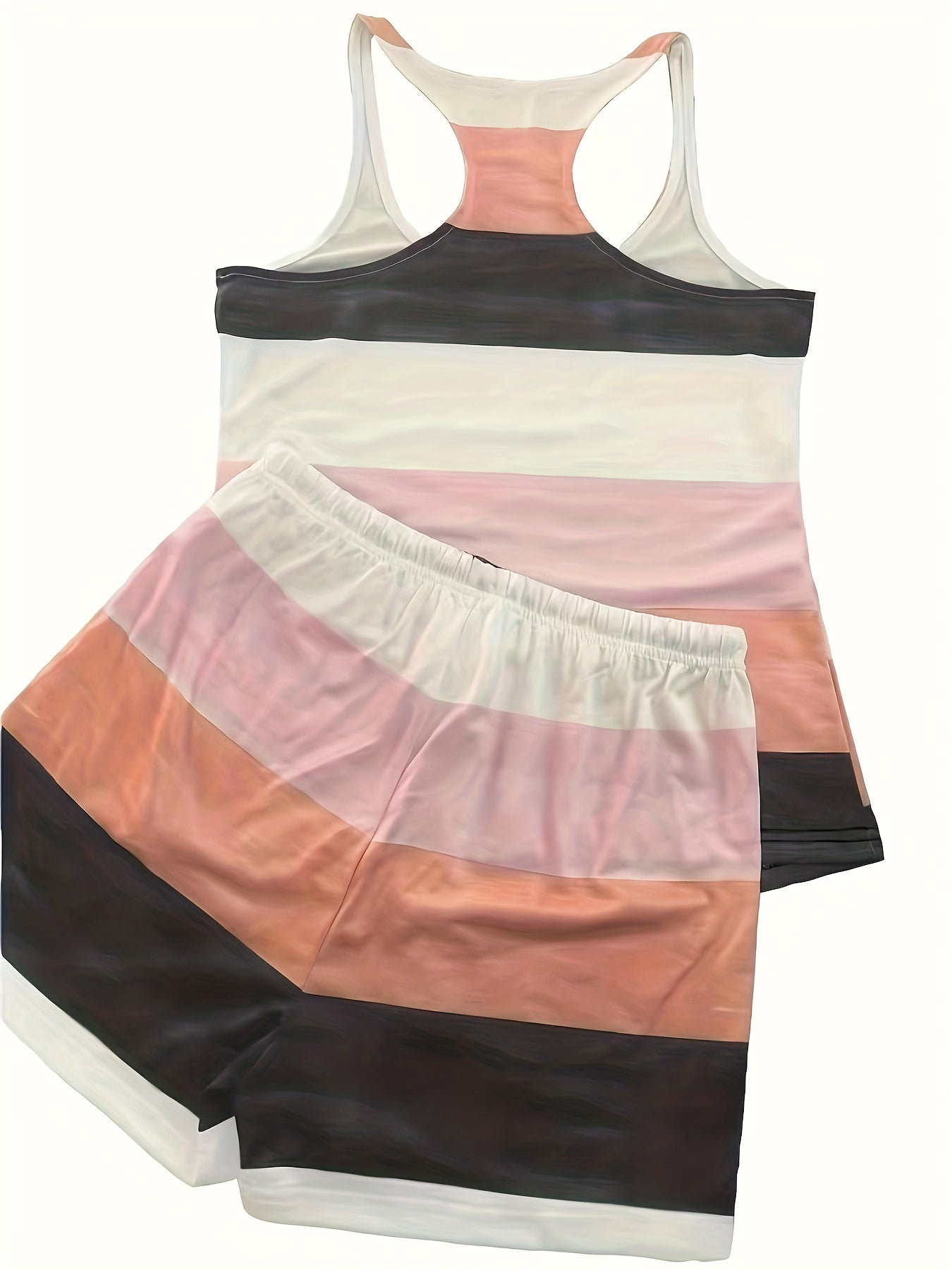 Elastic Comfort: Women's Spring/Summer Striped Two-Piece Set - Casual Sleeveless Tank & Adjustable Shorts, Easy Care & Stylish