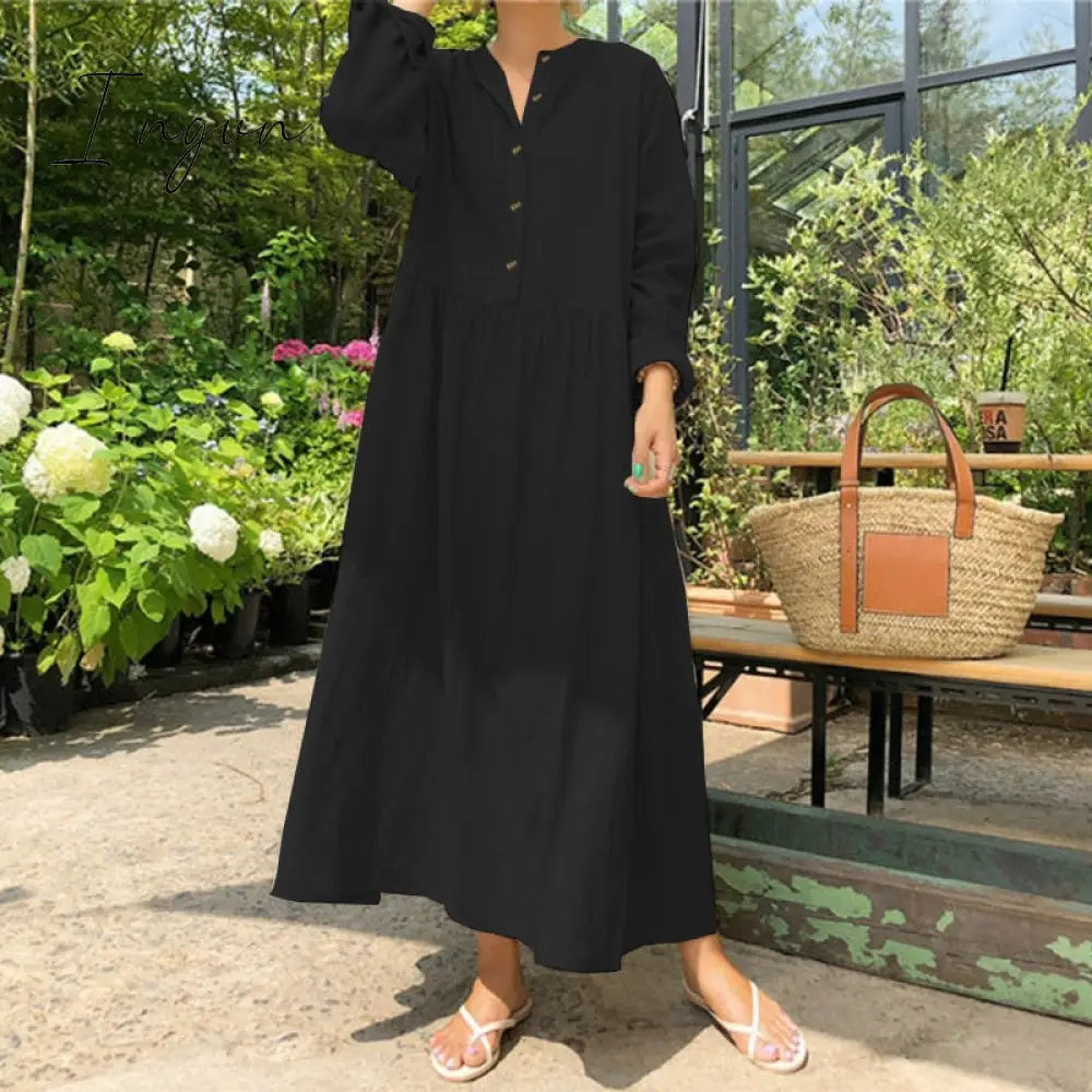 Ingvn - Autumn Women Casual Solid Long Shirt Dress Pockets Long Maxi Vestidos Office Lady Work Cotton Dress Party Robe Femme