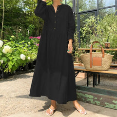 Ingvn - Autumn Women Casual Solid Long Shirt Dress Pockets Long Maxi Vestidos Office Lady Work Cotton Dress Party Robe Femme