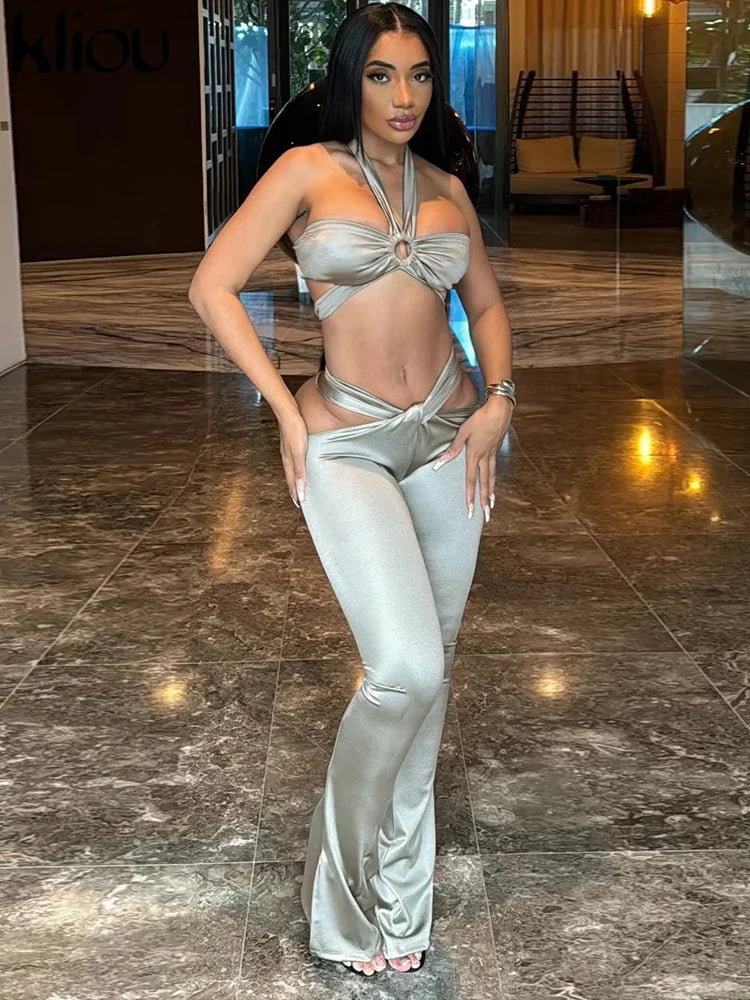 Sexy Stunning Women 2 Piece Coquette Solid Hollow Halter Crop Tanks+Slash Waist Slim Pants Female Clubwear Midnight Sets