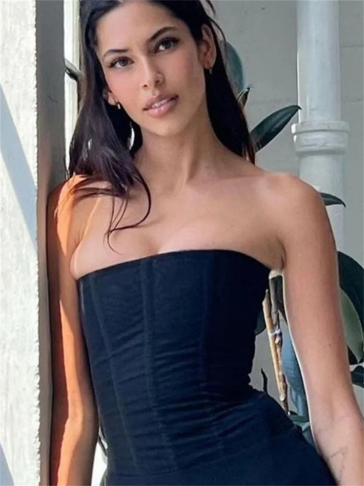 Mesh Backless Summer Vest Female Elegant Luxury Patchwork Strapless Solid Slim Streetwear Inner Sexy Y2k Tank Top Women's