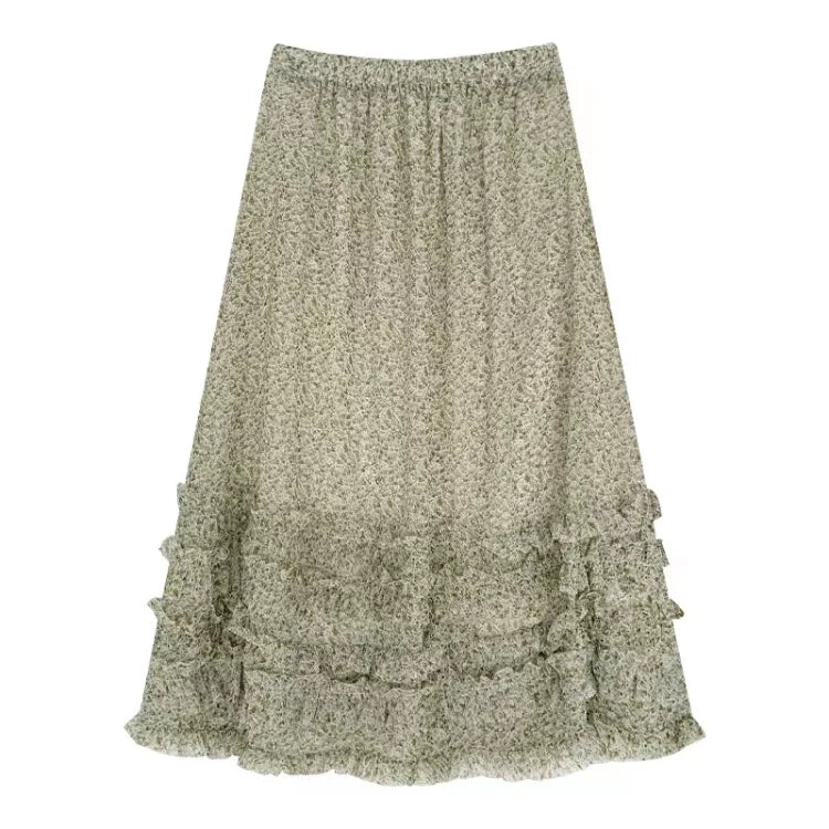 Vintage Floral Half Skirt Women Spring Edge of Fungus Cake Skirts A-line Elastic Waist Skirt Korean Style Y2k Faldas