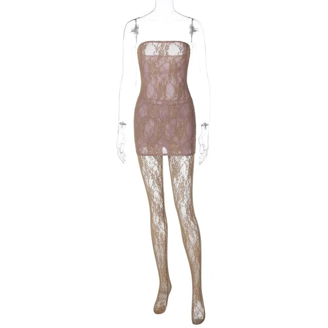 Lace Tights Women's Outfits Sexy Strapless Wrap Dress 2 Piece Sets Party Nightwear Leggings See-Through Sheer Lingerie
