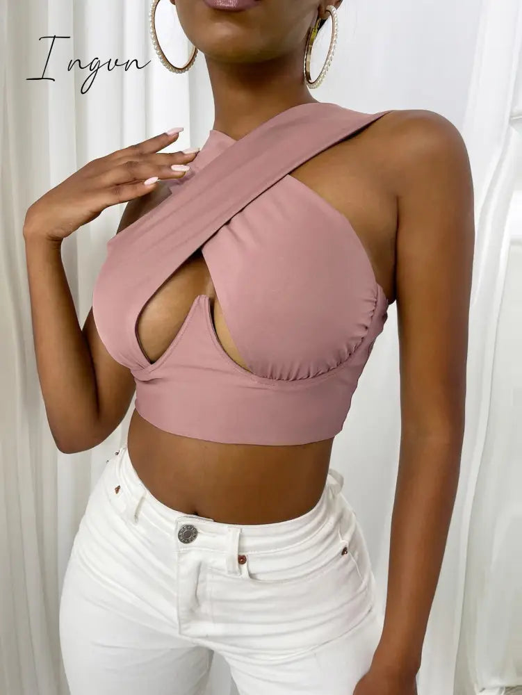Ingvn - Women's Criss Cross Tank Tops Sexy Sleeveless Solid Color Cutout Front Crop Tops Party Club Streetwear Summer Lady Bustier Tops
