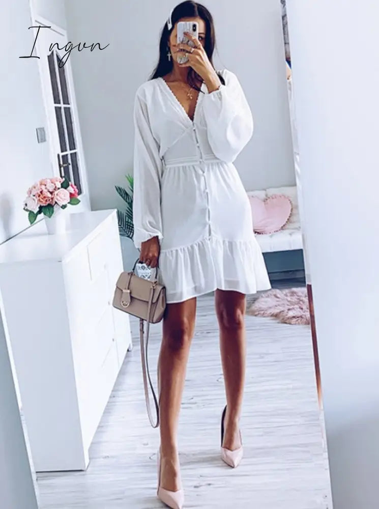 Ingvn - Summer Dresses For Women Sexy Plunge V Neck Women's Summer Dress White Lace Long Sleeve Mini Wedding Party Dress Ruffle Elegant Clothes
