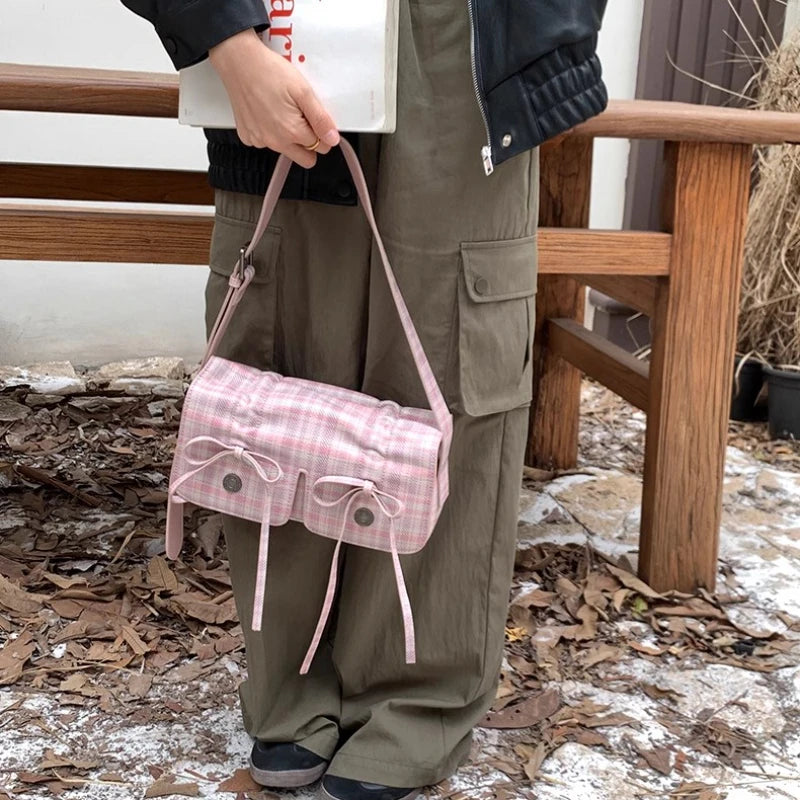 INGVN   Plaid Pink Women Shoulder Bag Pleated Casual Sweet Cute New Fashion Leather Handbag Literary Exquisite Designer Armpit Bag