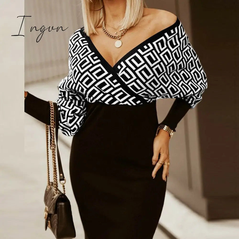 Ingvn - Women Deep V-Neck Striped Plaid Party Dress Long Sleeve Spring Autumn Casual Ladies Hip Dress Skinny Sweet Streetwear Vestidos