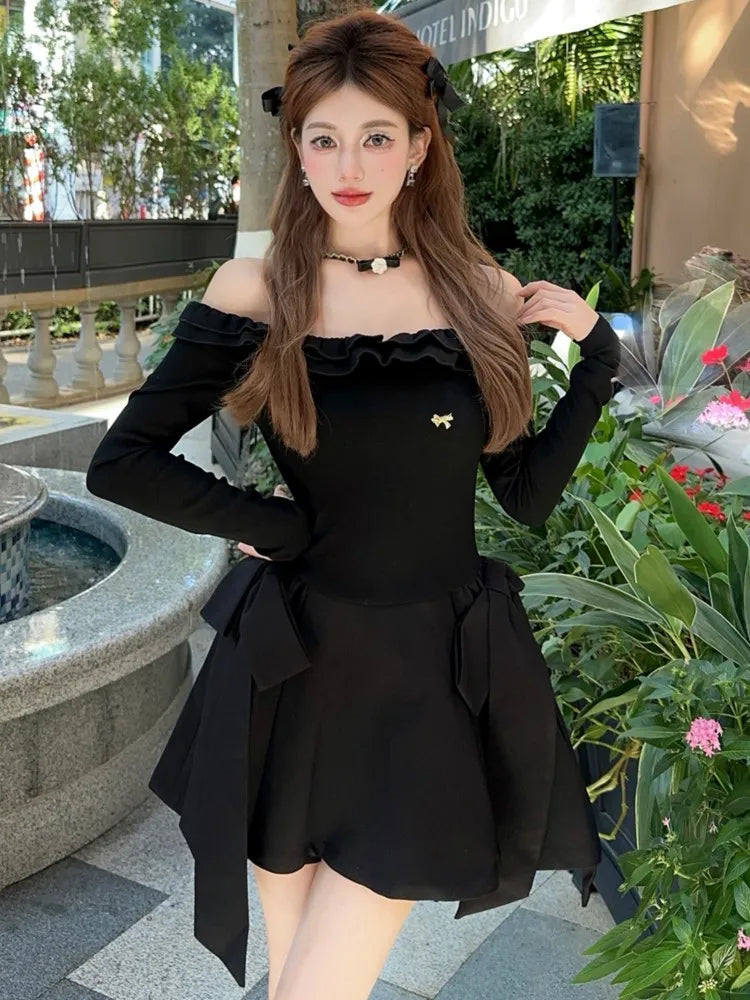 Y2K Sweet Black Knitted Womens Dresses Elegant Slash Neck Bow Lace-up Fairy Birthday Party Mini Dress New Female Short Vestidos