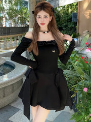 Y2K Sweet Black Knitted Womens Dresses Elegant Slash Neck Bow Lace-up Fairy Birthday Party Mini Dress New Female Short Vestidos