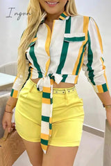Ingvn - Sweet Striped Frenulum With Belt Turndown Collar Long Sleeve Two Pieces
