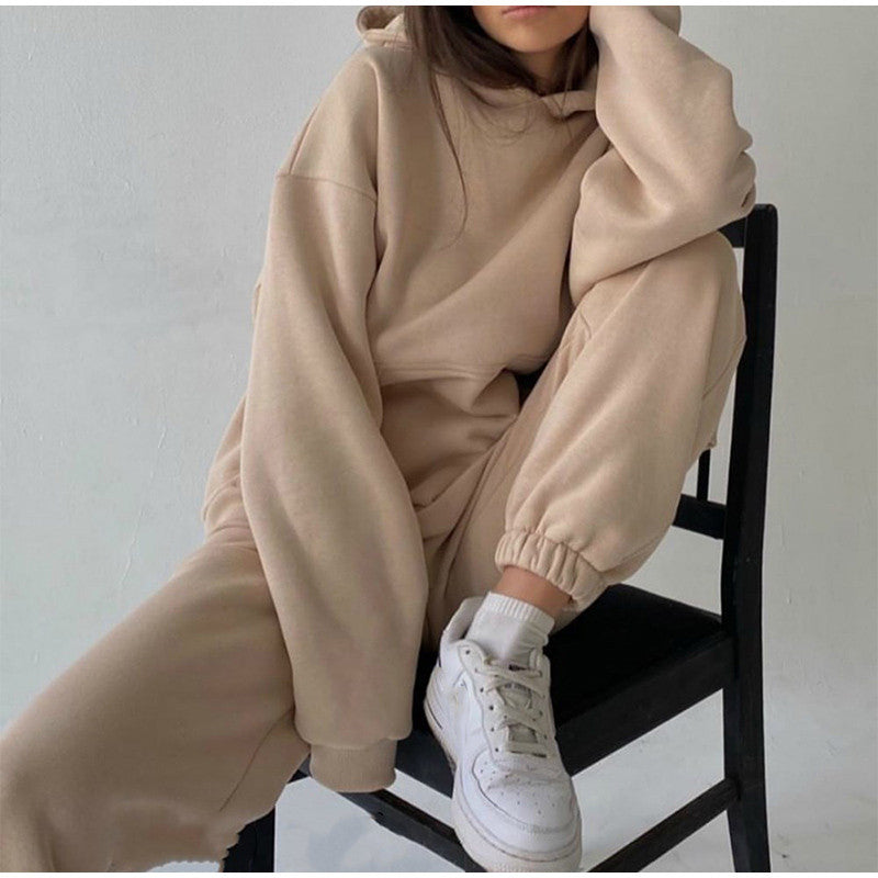 Women's Tracksuit Autumn Plus Fleece Sweatshirts Two Piece Set Casual Oversized Solid Female Sports Hoodie Suit Long Pant Sets