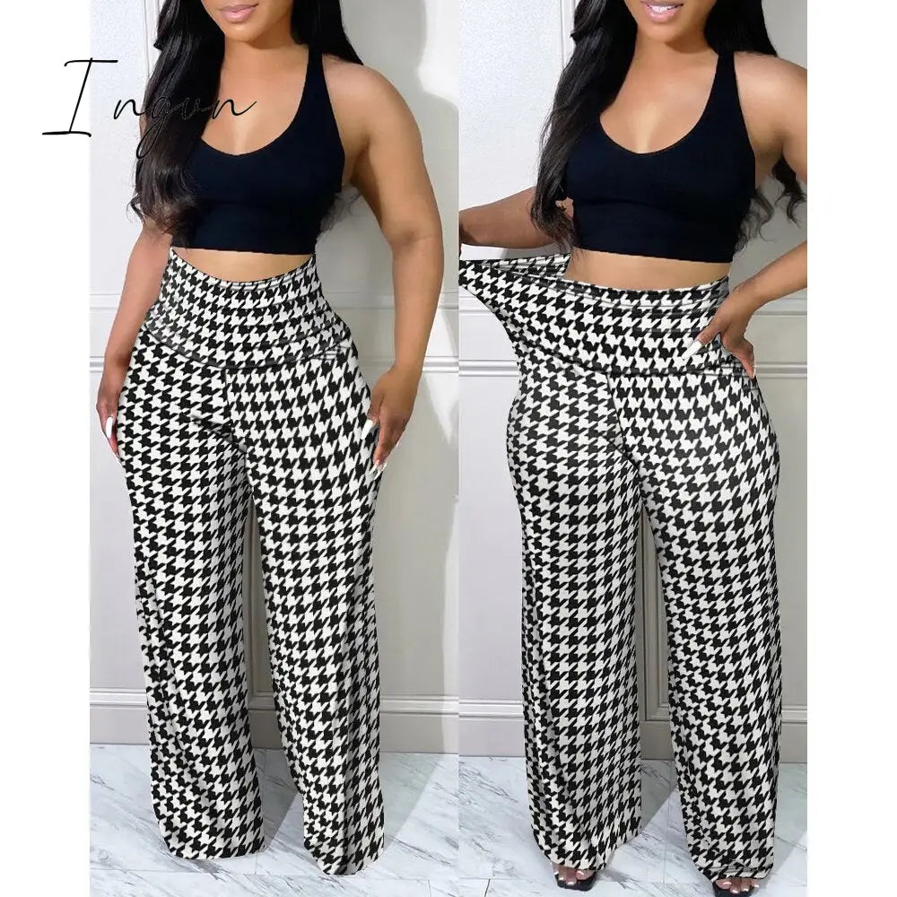 Ingvn - Women Houndstooth Print High Waist Pants Autumn Casual Long Pants Loungewear Women Clothes One Piece Suit Female