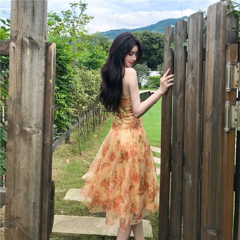 Women Midi Floral Halter Slip Dress Summer Vintage Painting Flowers Backless Casual Party Night Vacation Runway Vestidos