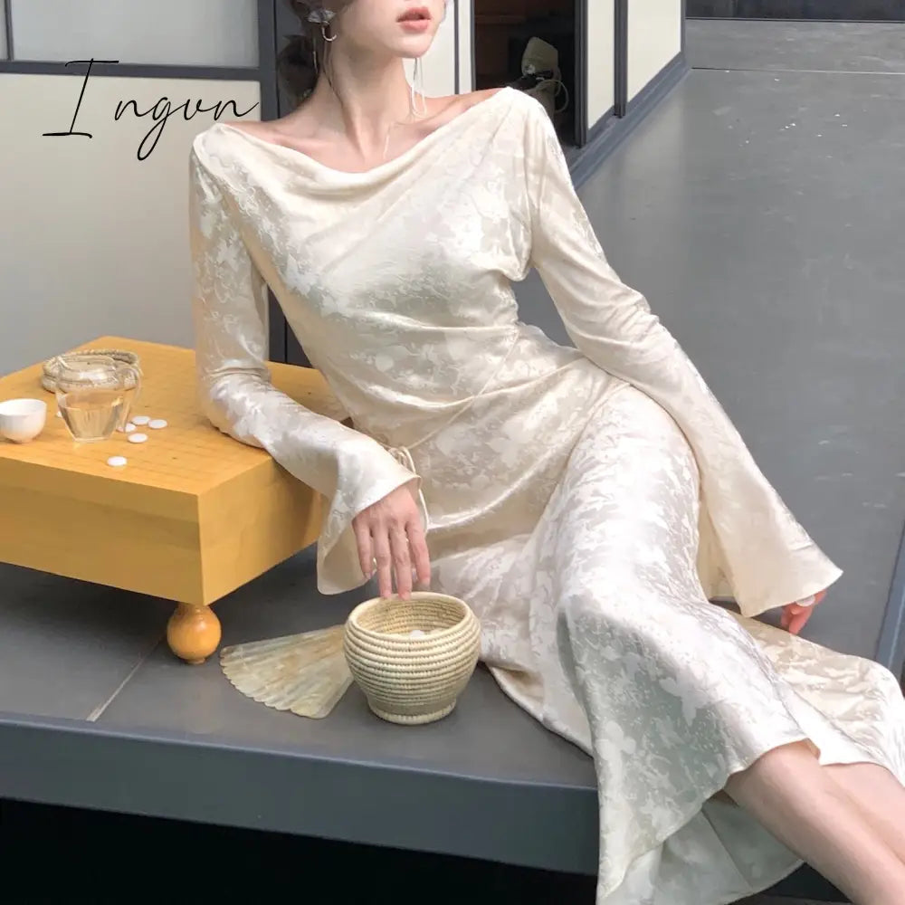 Ingvn - Autumn New Elegant Formal Occasion Evening Party Dresses Women Vintage Bodycon Long Sleeve Robe Office Lady Chic Clothes 2023