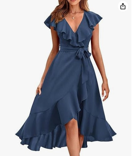 new V-neck short sleeve ruffled long temperament lace-up dress