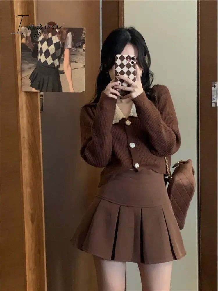 Ingvn - Vintage Knitted Suit Women's Spring Korean Style Warm Mini Skirts Trend Chic Elegant Sweater Women's Skirt and Cropped Set