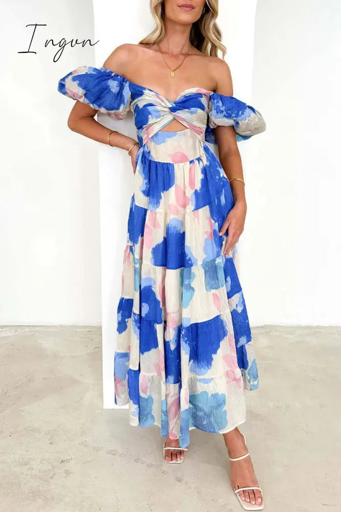 Ingvn - Sweet Elegant Floral Hollowed Out Off the Shoulder Printed Dress Dresses