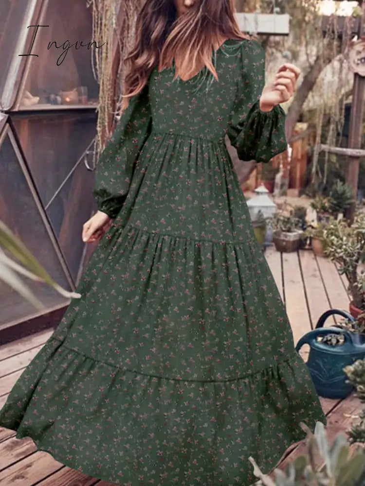 Ingvn - V Neck Long Sleeve Patchwork Solid Color Dress