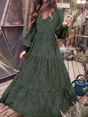 Ingvn - V Neck Long Sleeve Patchwork Solid Color Dress