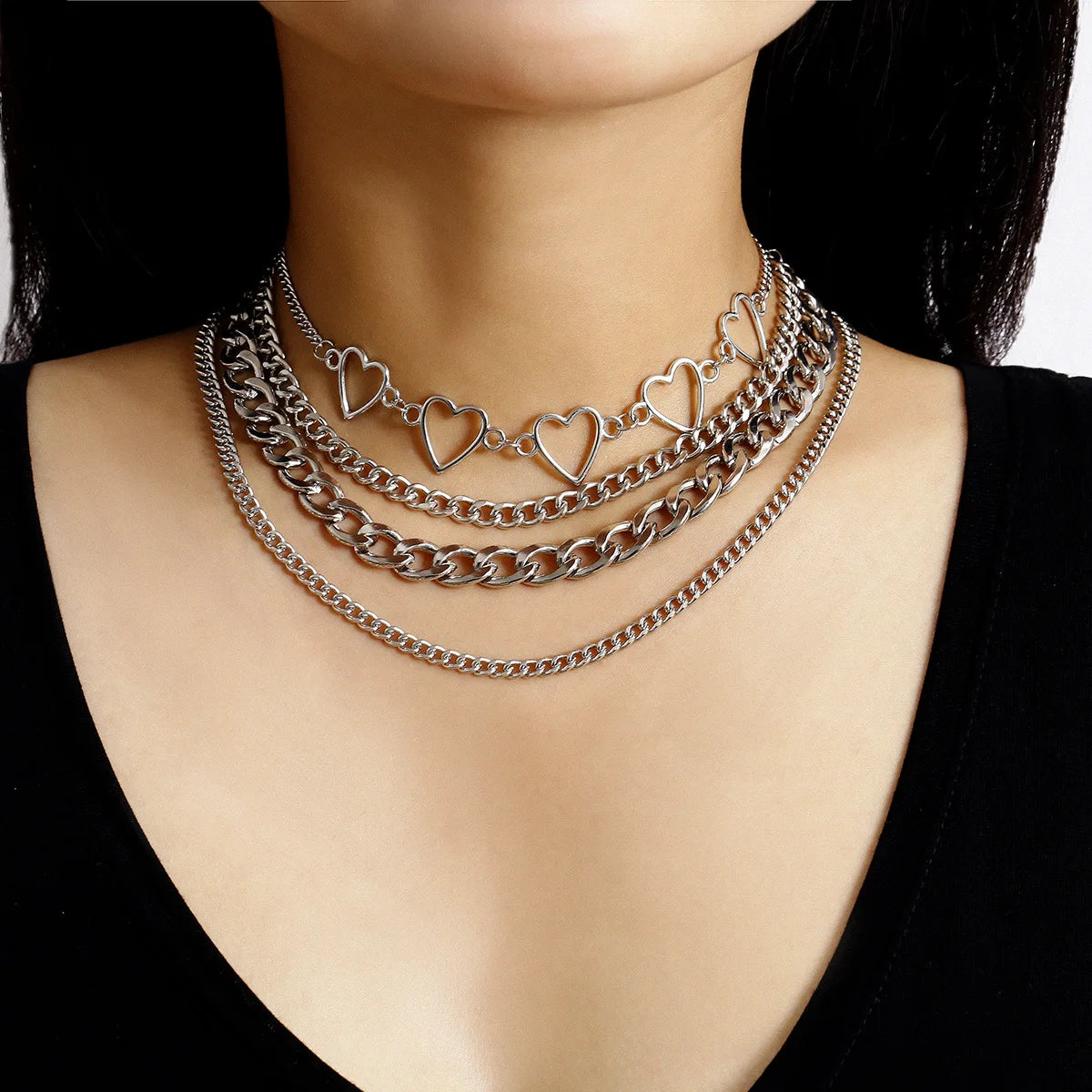 INGVN  Punk Multilayer Chains Chunky Necklace Set Goth Spike Rivet Portrait Key Pendant Necklace Women Men Statement Jewelry