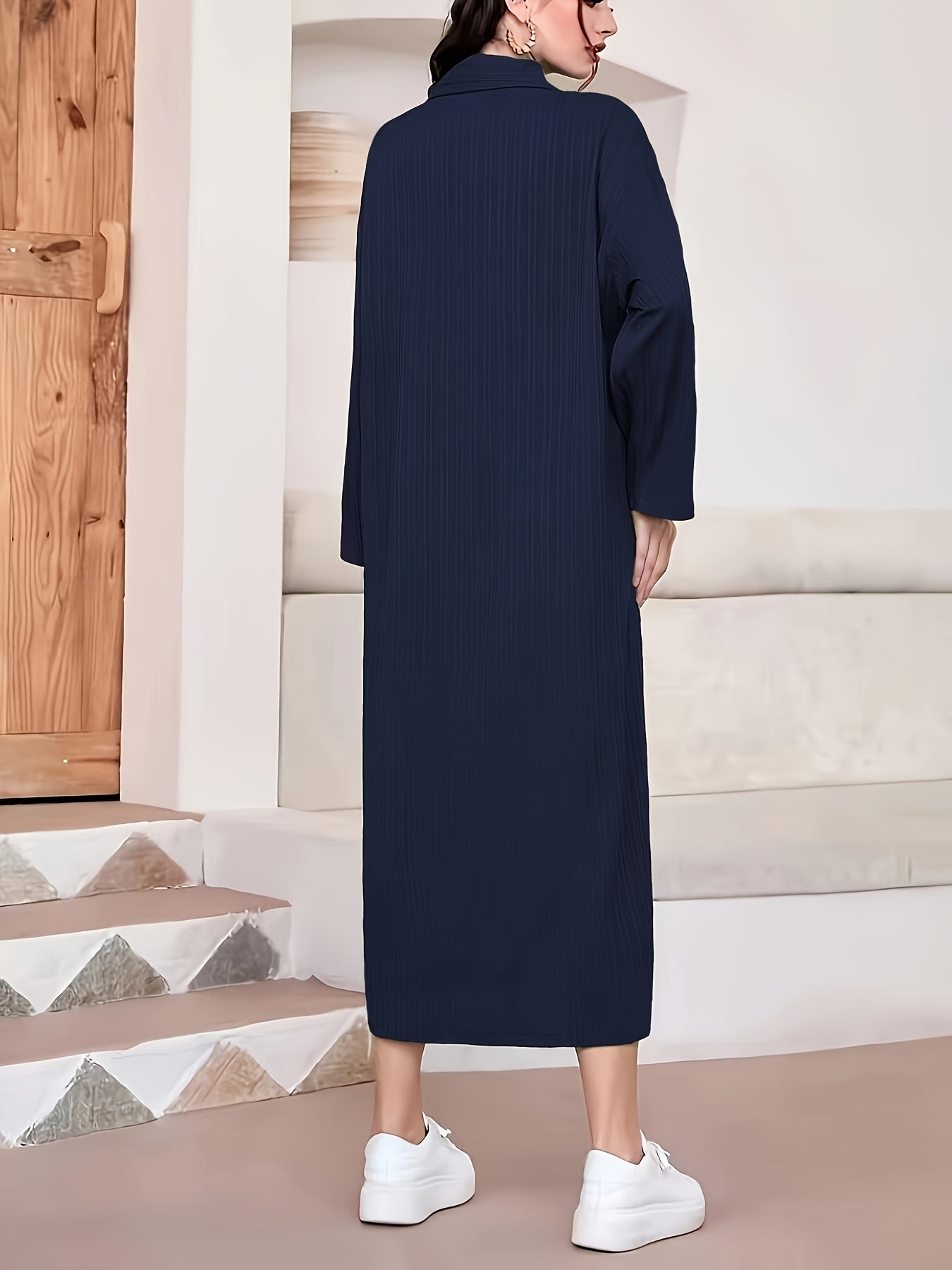 Elegant Women's Solid Textured Half Button Collared Midi Dress with Adjustable Long Sleeves for Spring & Fall