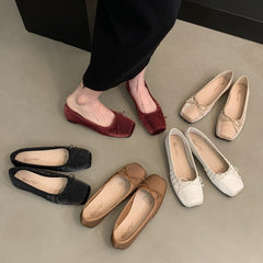 Vintage Late Night Style Bow Shoes Women's New Flat Sparkling Red Wedding Shoes Square Toe Pleated Milk Shoes