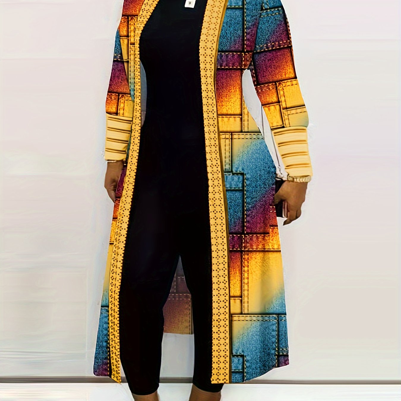 Long Sleeve Colorblock Geometric Print Casual Open Front Cardigan, Women's Clothing