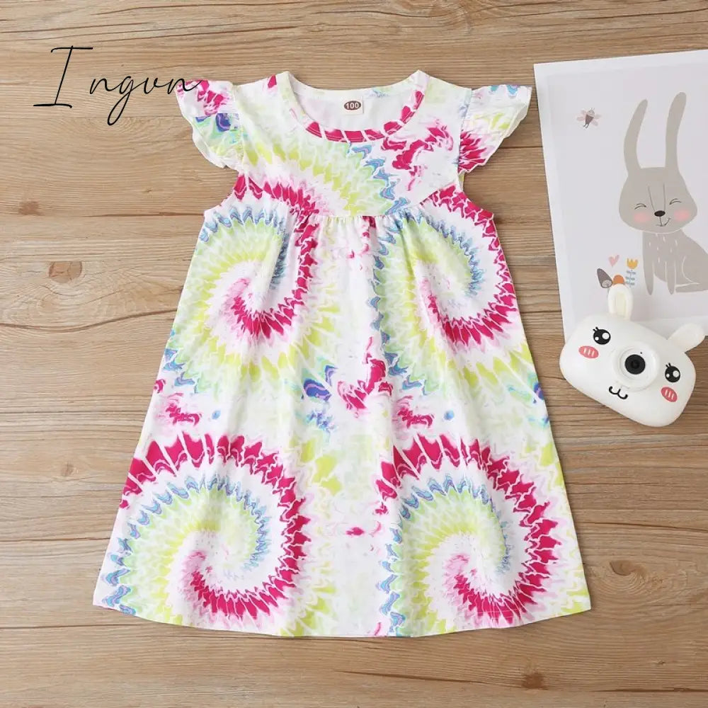 Ingvn - New Summer Baby Girls Tutu Dress Children Party Little Girl Kids Clothes Flying Sleeve Princess Rainbow Patchwork Outfits Dress