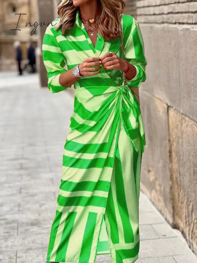 Ingvn - Ladies Elegant V-Neck Tie Waist Print Dress